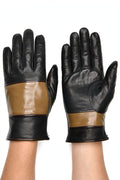 Color Blocked Leather Gloves on hands