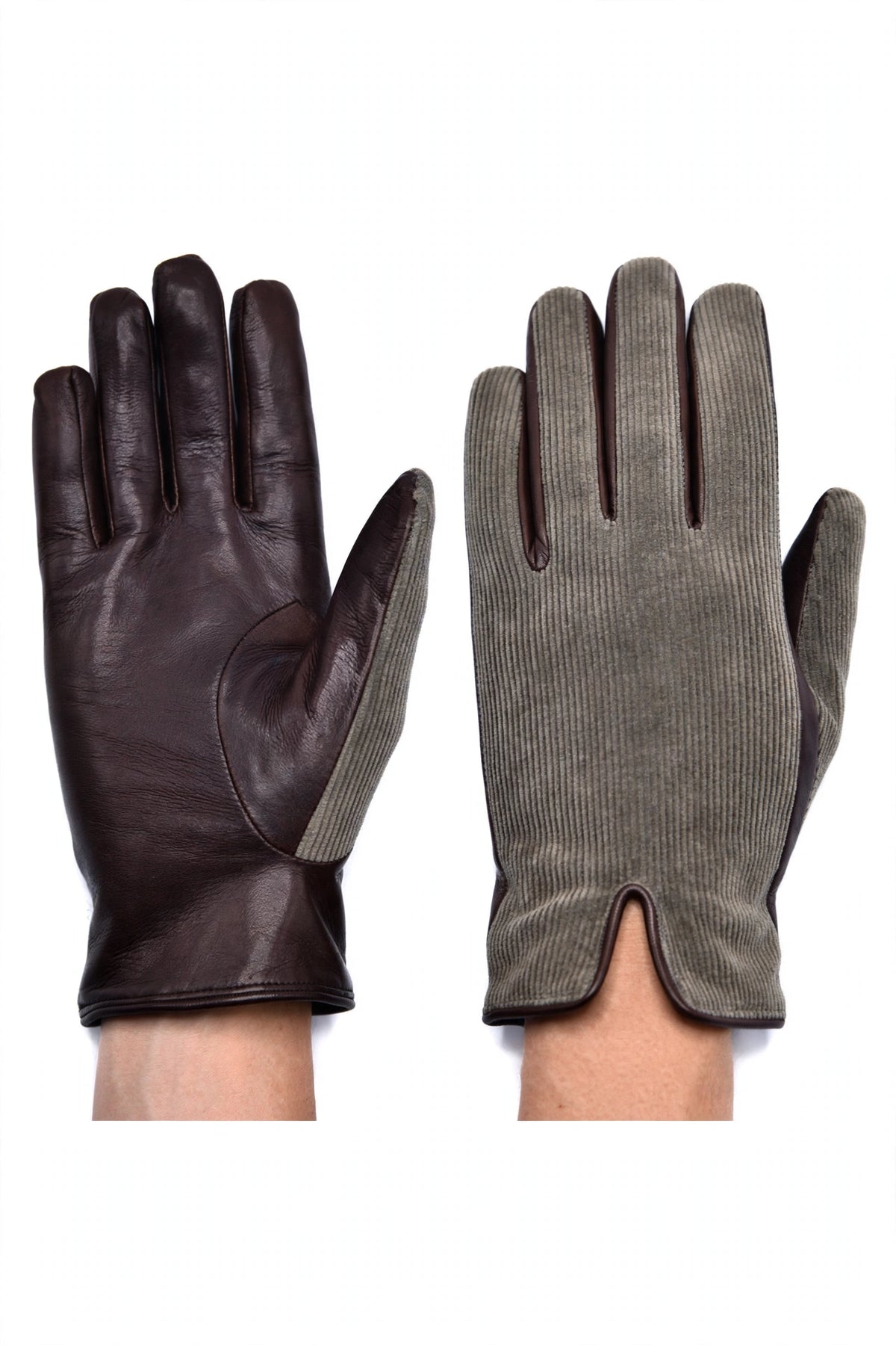 Leather Suede Slip On Gloves Grey Midnight Brown on hands