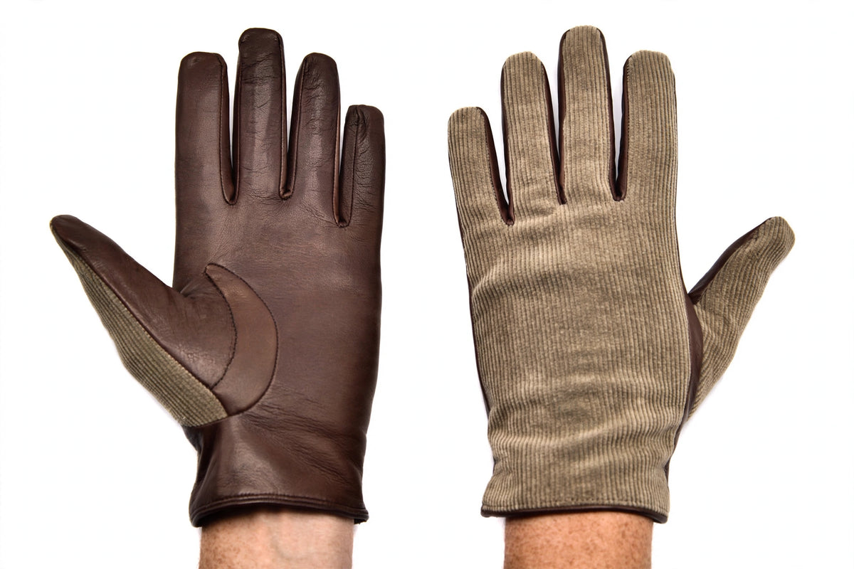 Leather Suede Slip On Gloves Khaki Mocha on hands