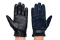 Leather Suede Belt Gloves Midnight Blue on hands