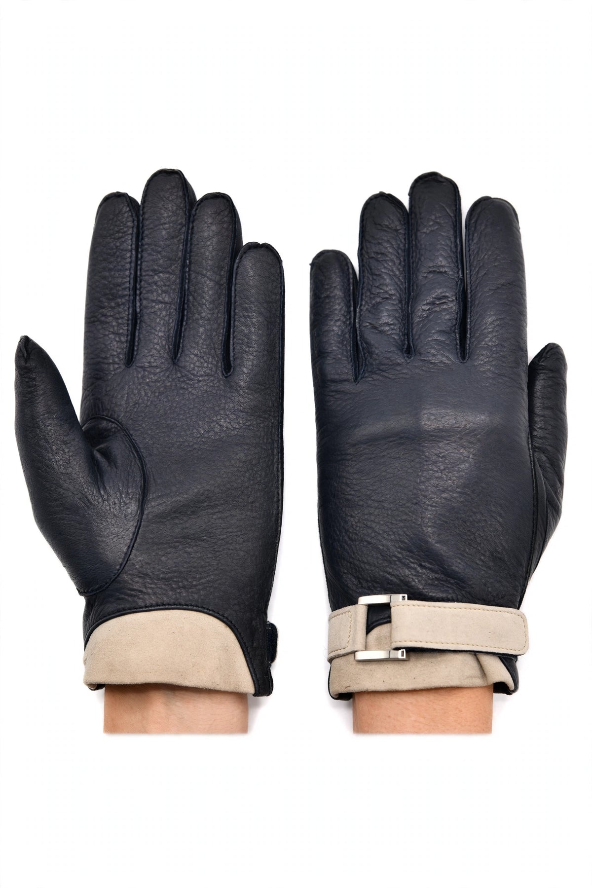 Leather Belt Gloves Dark Grey on hands