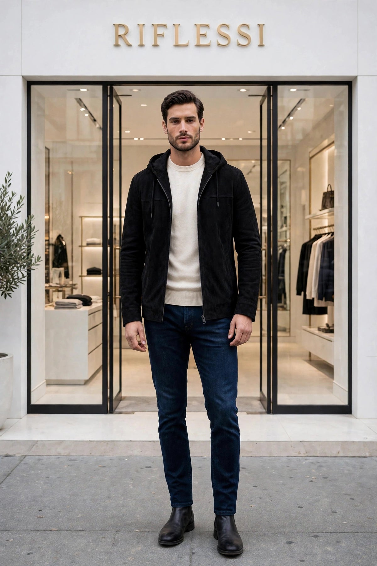 Kired Igorp Black hooded suede on model