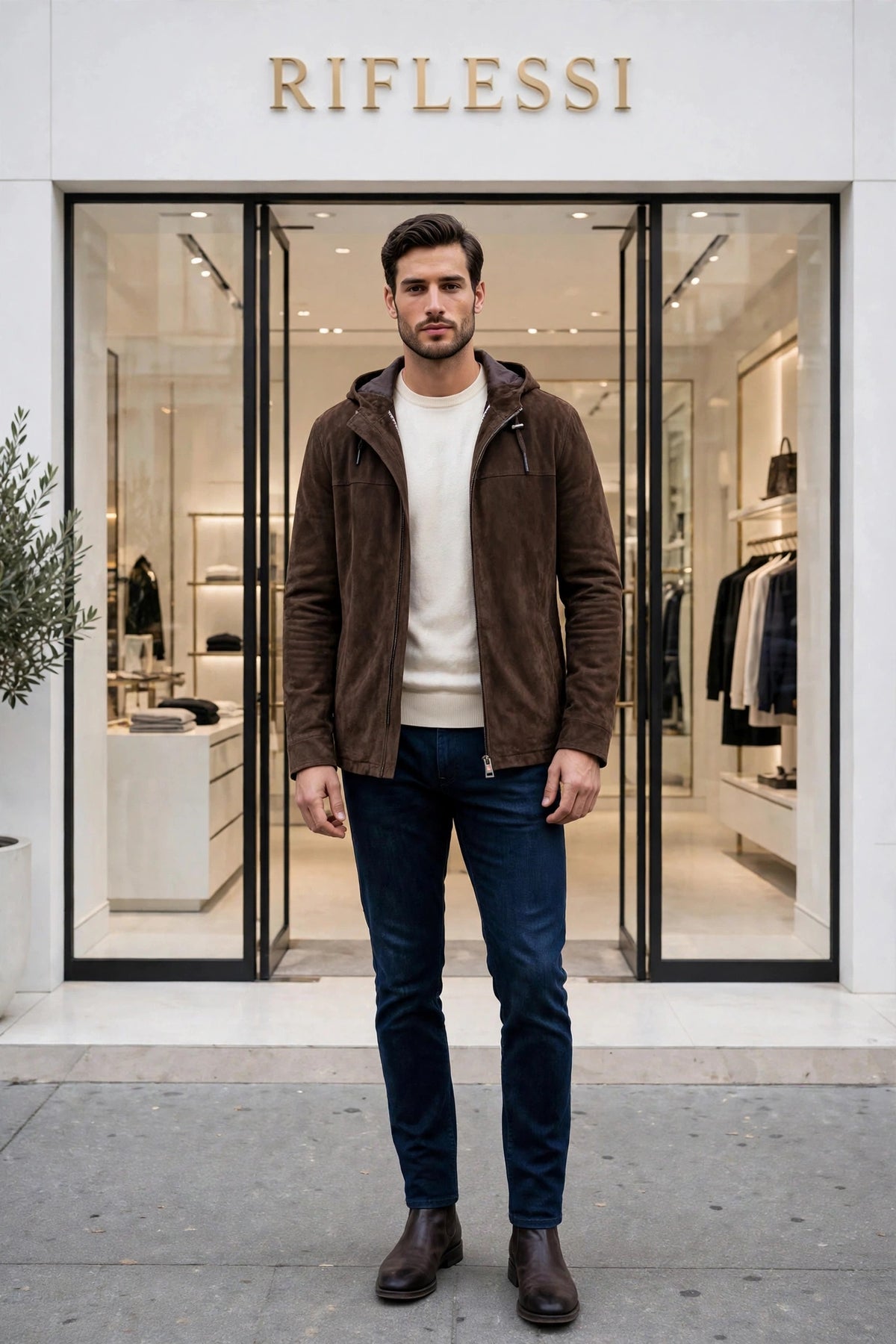 Kired Igorp Dark Brown hooded suede on model