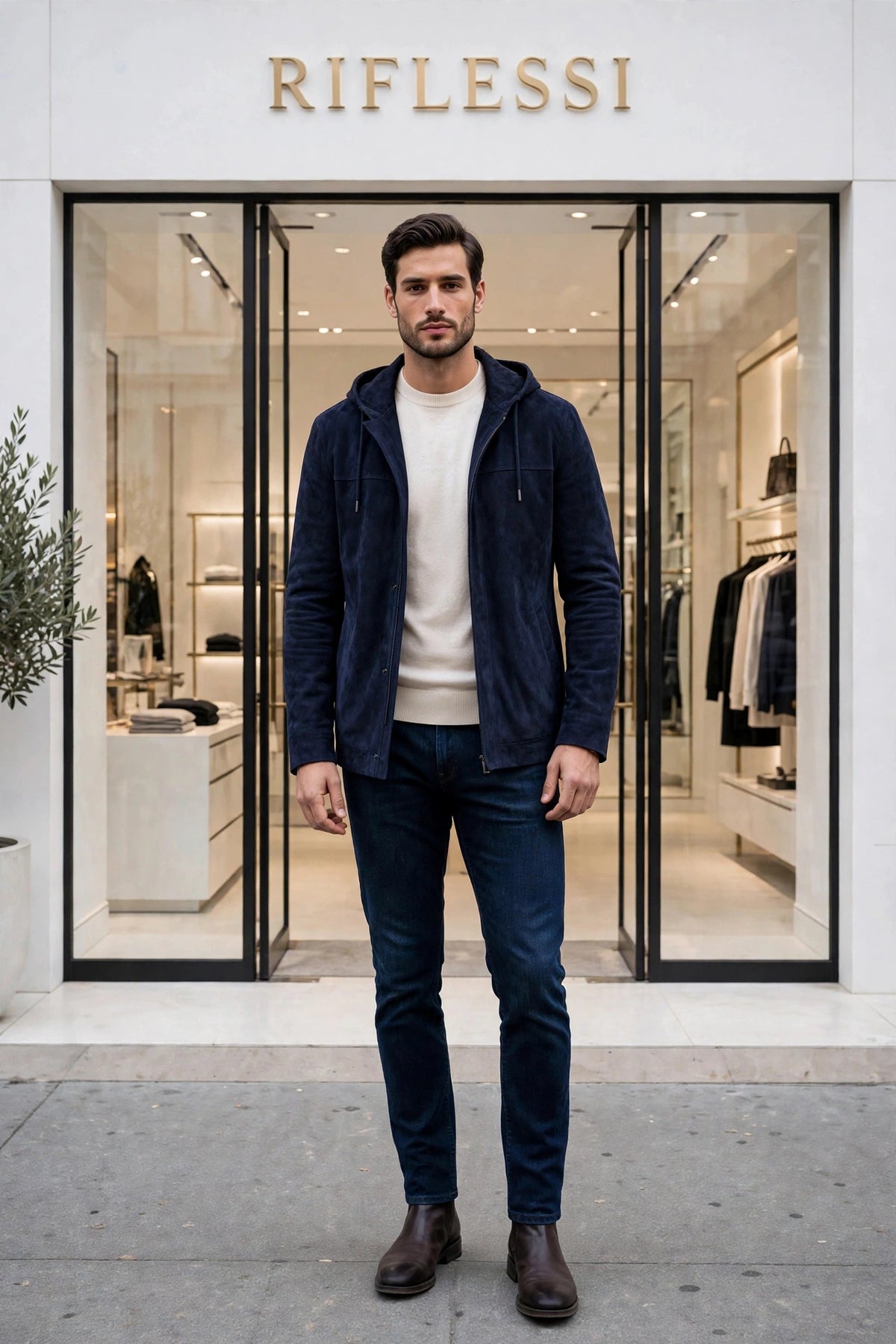 Kired Igorp Midnight Blue hooded suede on model