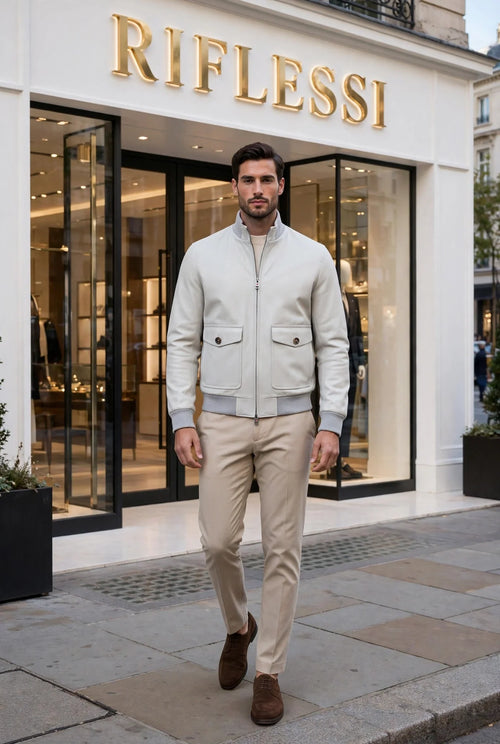 Kired by Kiton INN Lambskin-Virgin Wool Bomber — Light Grey