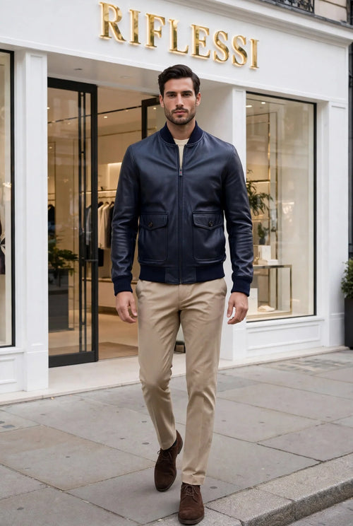 Kired by Kiton INN Lambskin-Virgin Wool Bomber — Midnight Blue