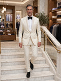 Ivory tuxedo suit - model, stairs inside