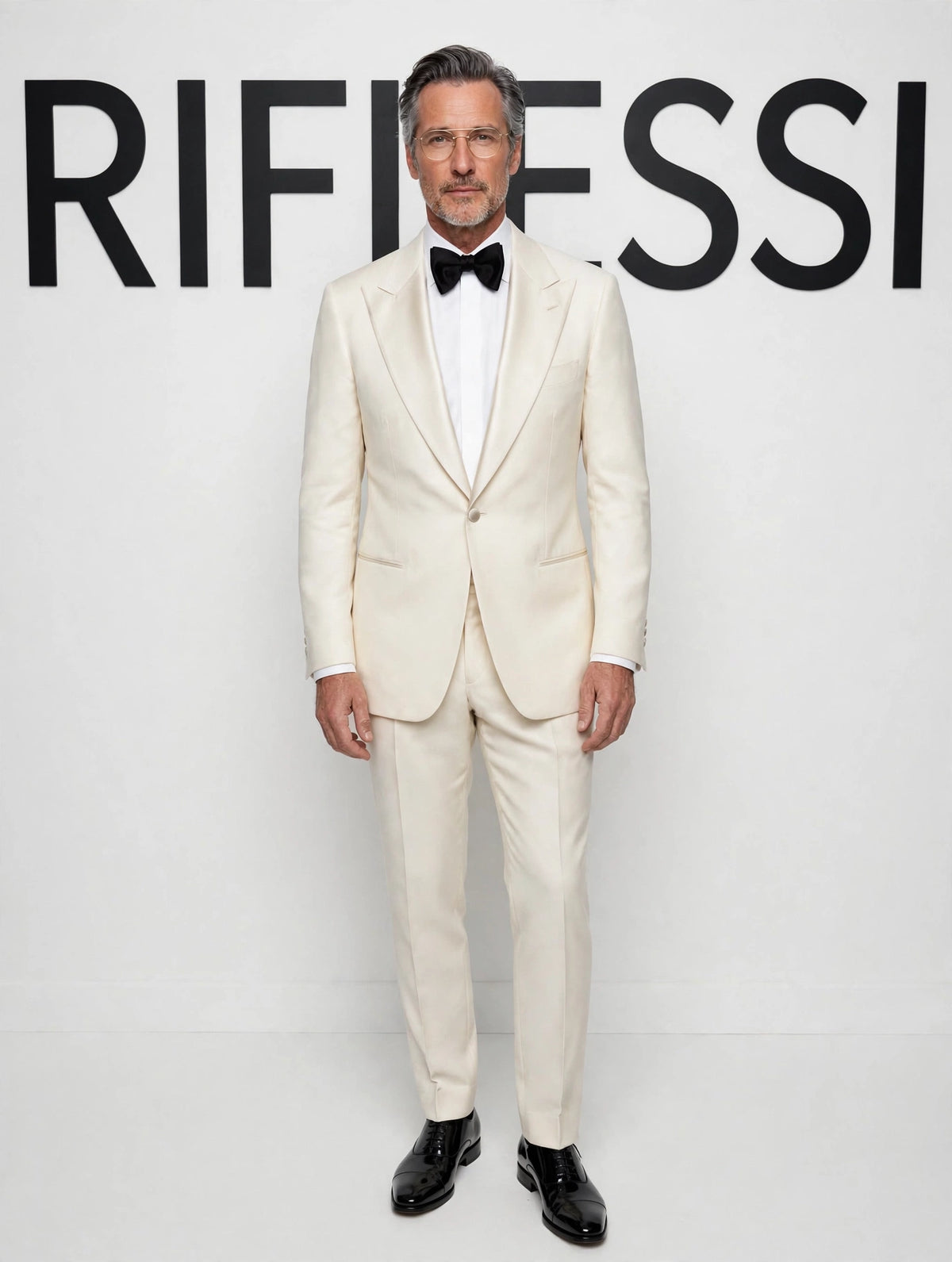 Ivory tuxedo suit - model, white backdrop