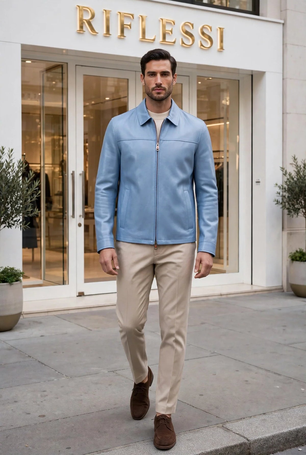 Kired Juan Lambskin Leather Zip-Up Jacket — Cornflower Blue