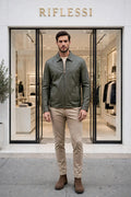 Kired Juan Lambskin Leather Zip-Up Jacket — Forest Green