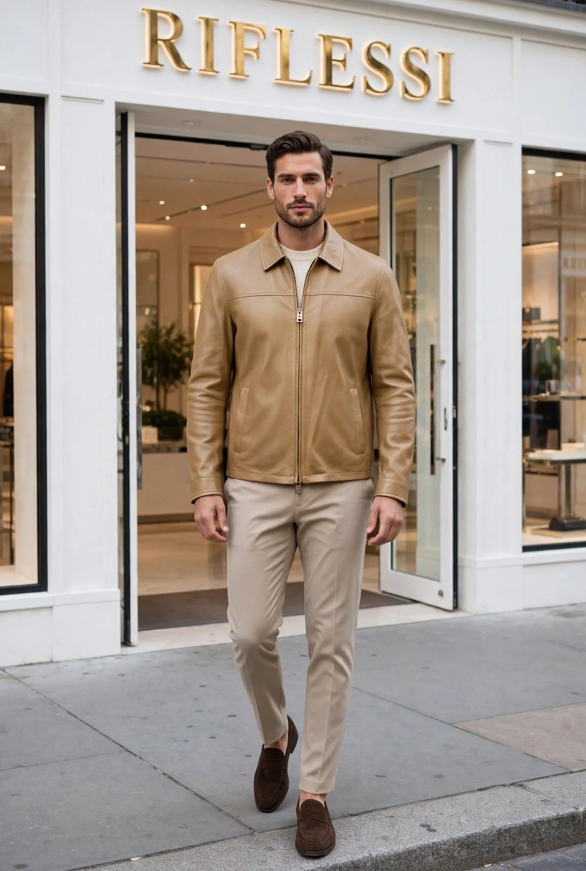 Kired Juan Lambskin Leather Zip-Up Jacket — Khaki