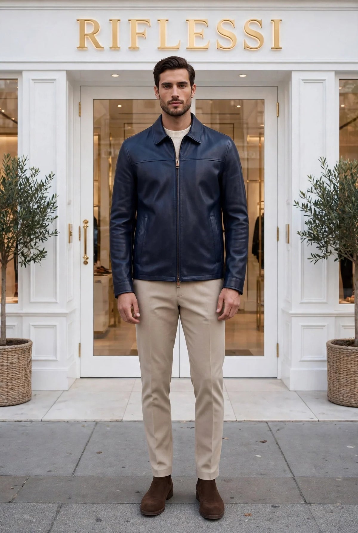 Kired Juan Lambskin Leather Zip-Up Jacket — Midnight Blue