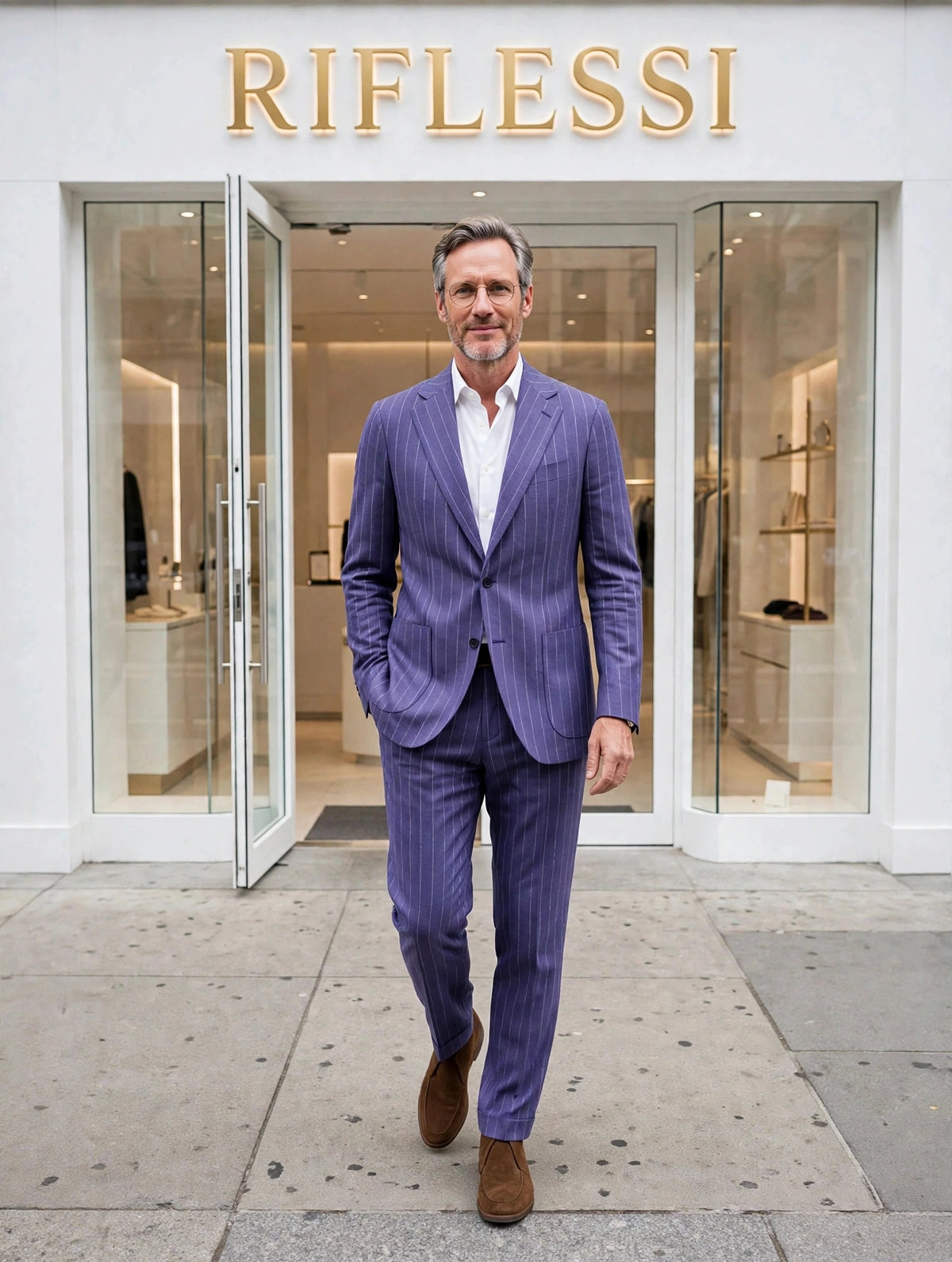 Sartorio suit on model, white shirt