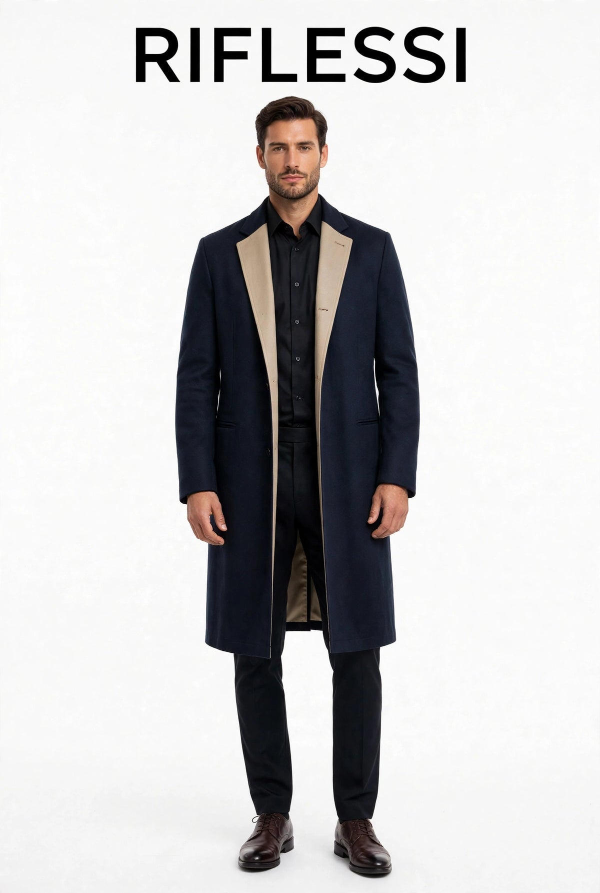 Kired reversible cashmere coat worn by model, front, dark blue side