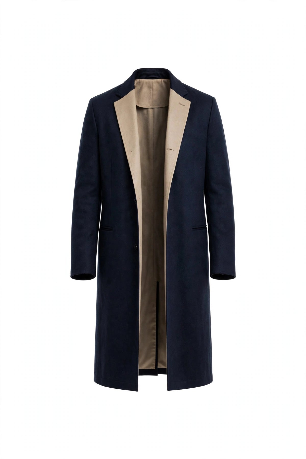 Kired reversible cashmere coat, dark blue side with beige reverse showing