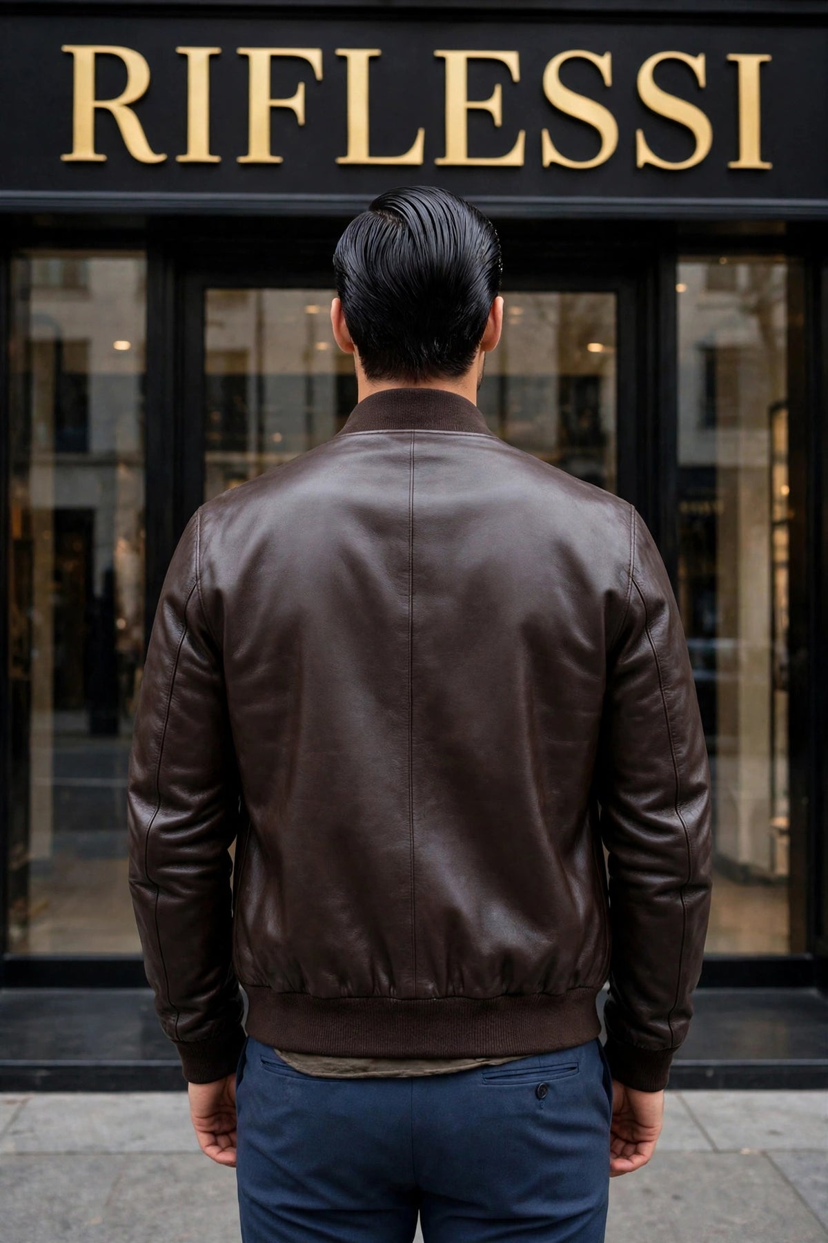Kired PISA reversible lambskin bomber — brown leather side, worn back