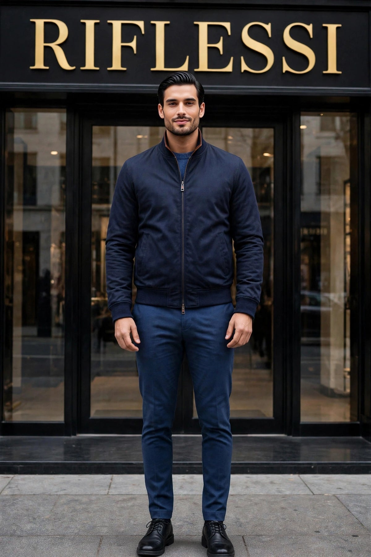 Kired PISA reversible lambskin bomber — navy reverse side, worn front