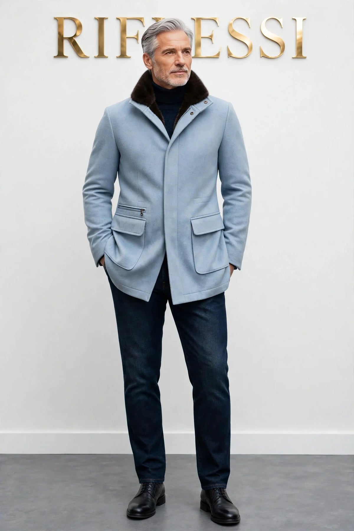 Kired by Kiton KONE Cashmere-Mink Fur Overcoat — Light Blue