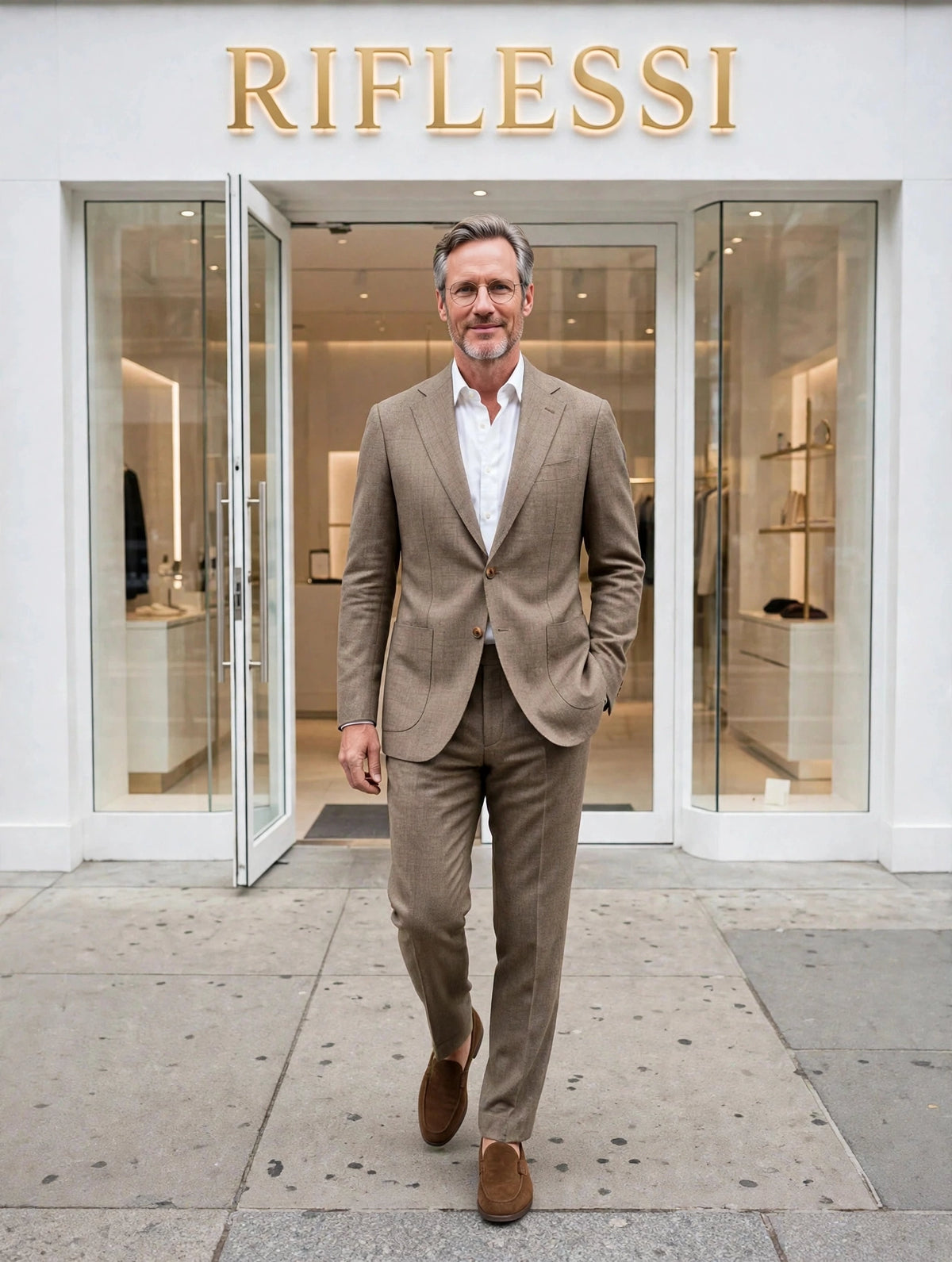 Sartorio suit on model, white shirt