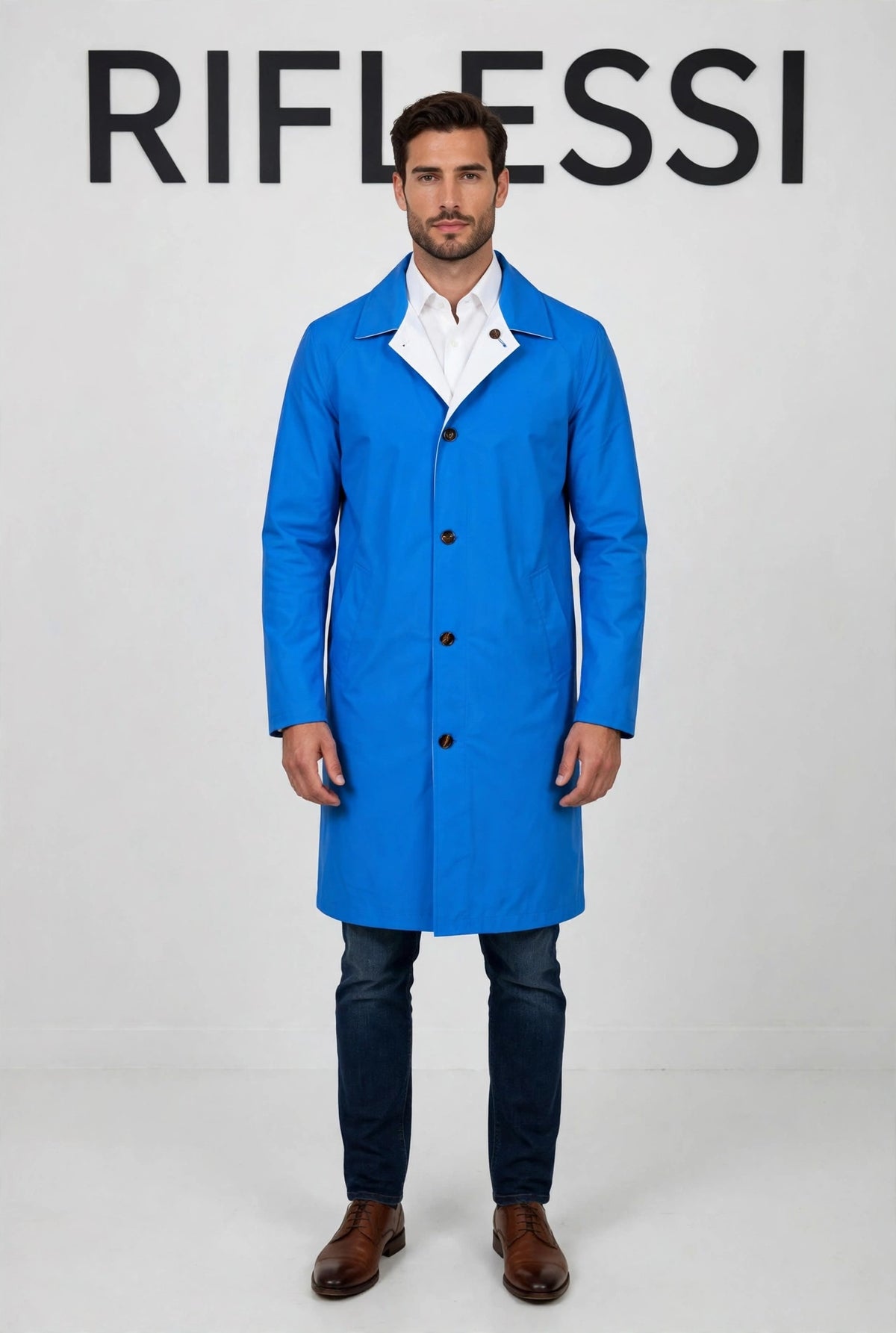 Ben Reversible Raincoat - blue side on model