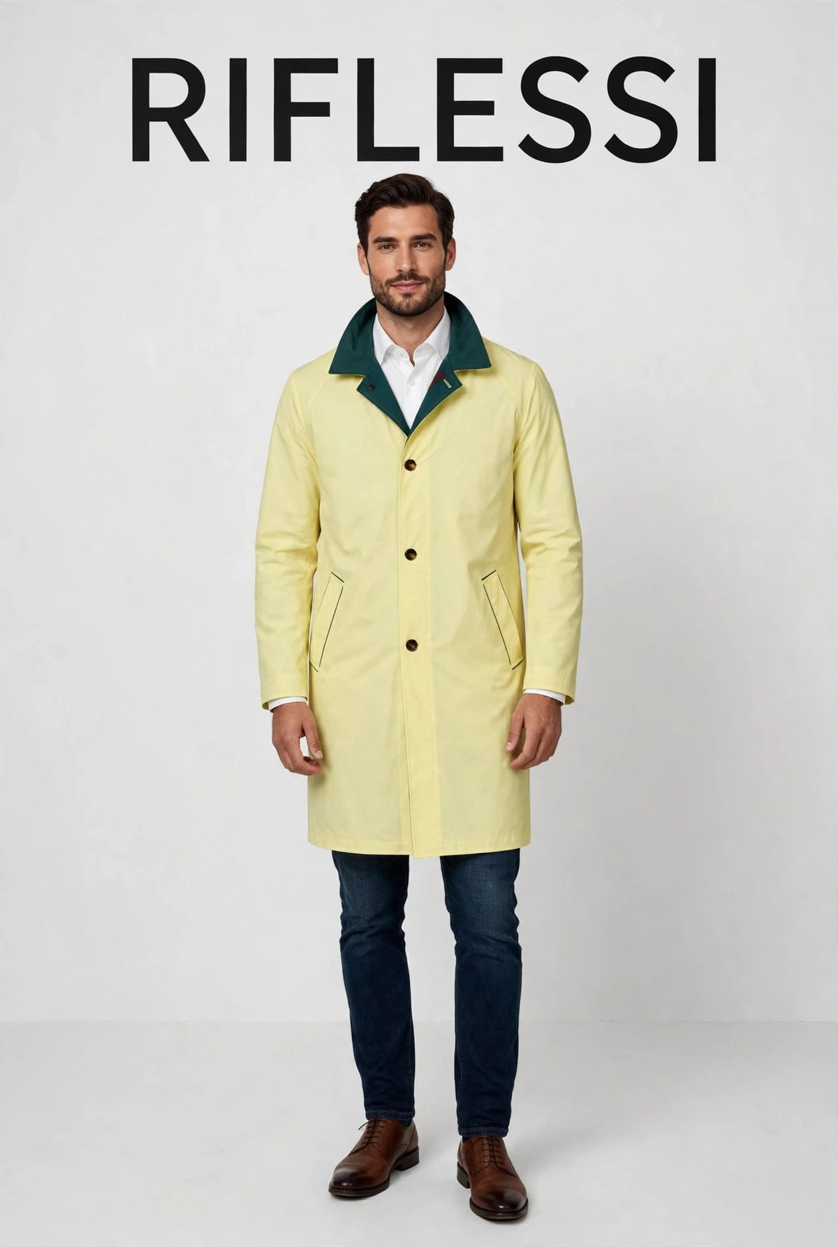 Ben Reversible Raincoat - lemon side on model