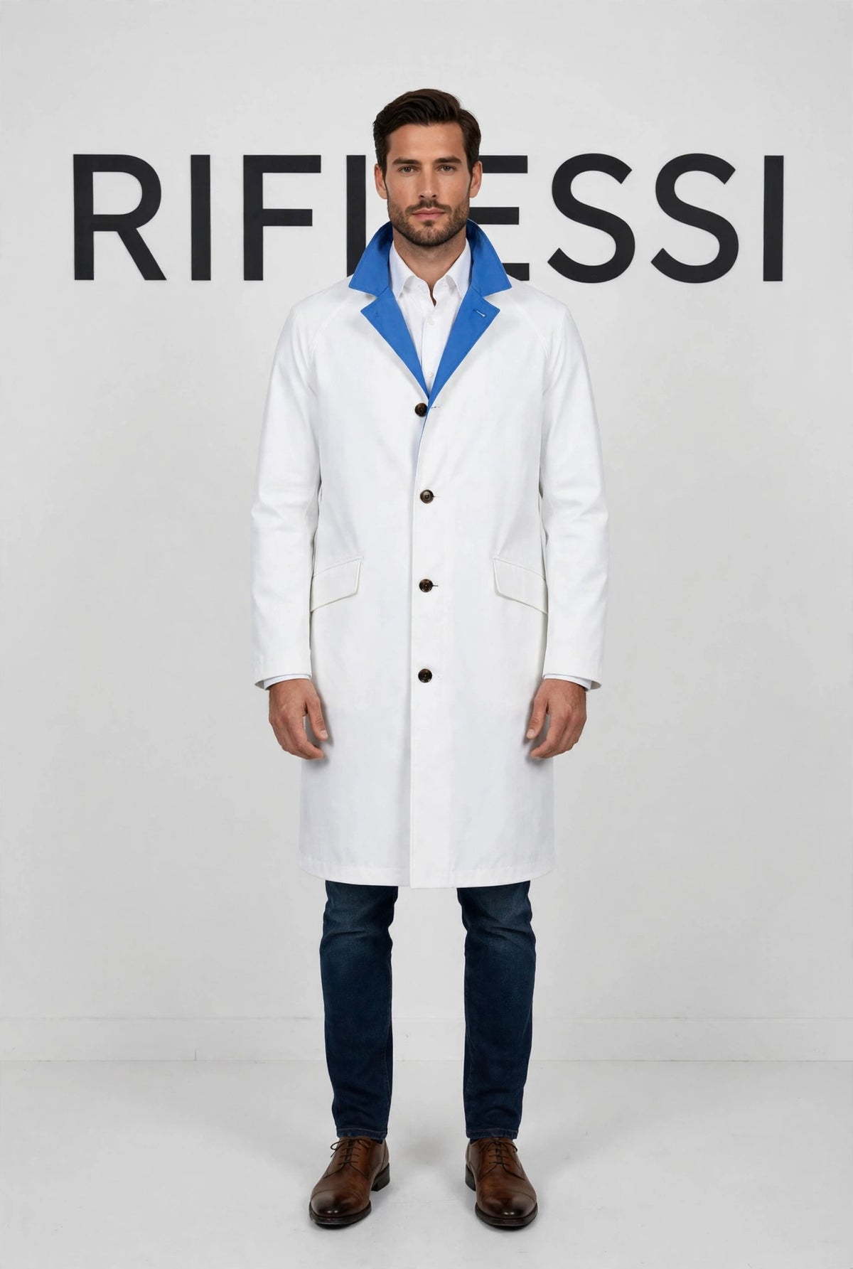 Ben Reversible Raincoat - white side on model