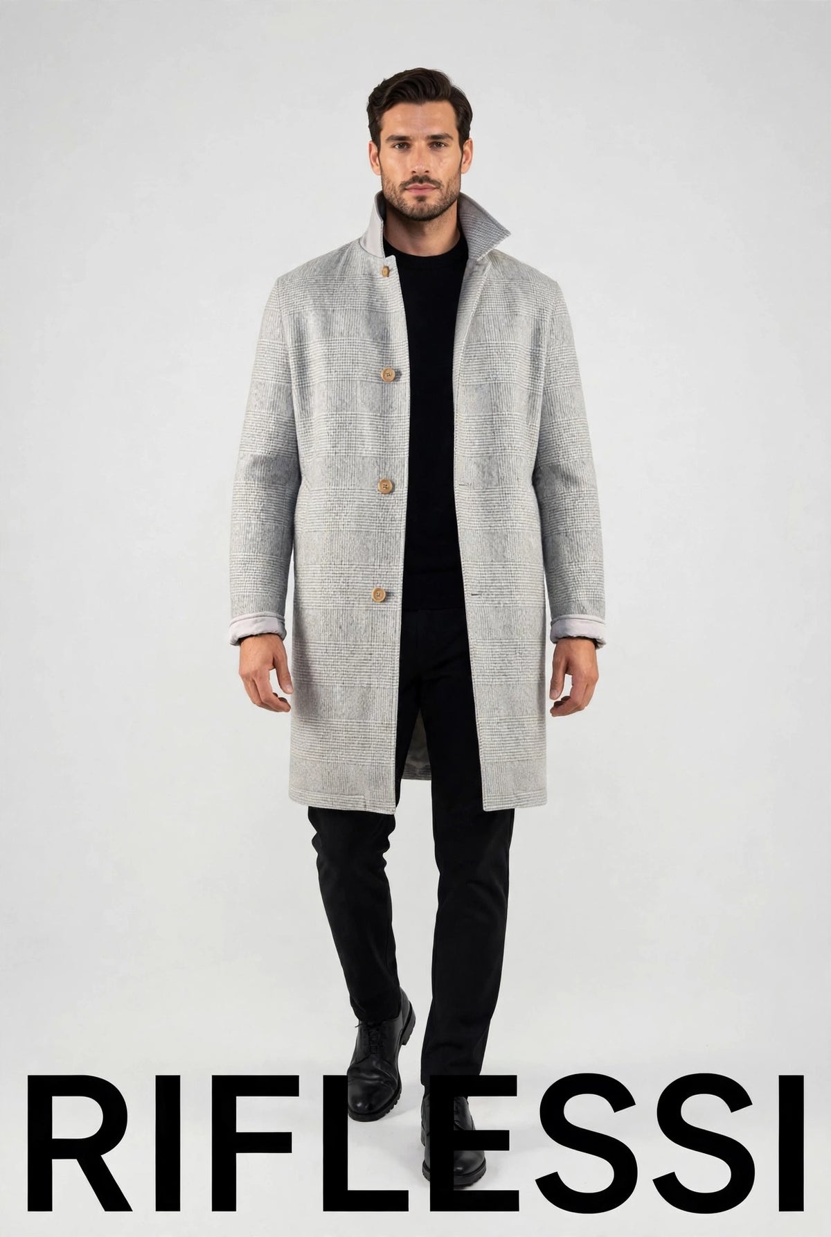 Peak reversible - check side, model, Riflessi backdrop