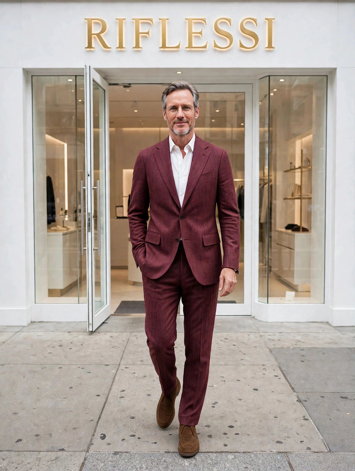 Sartorio suit on model, white shirt