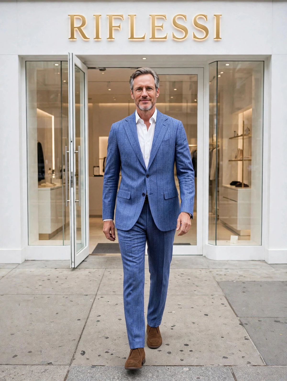 Sartorio suit on model, white shirt