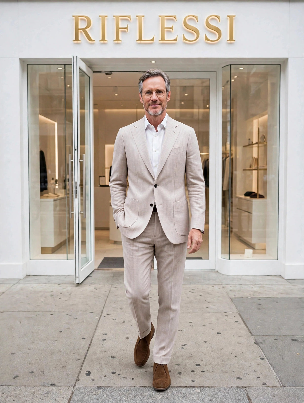 Sartorio suit on model, white shirt