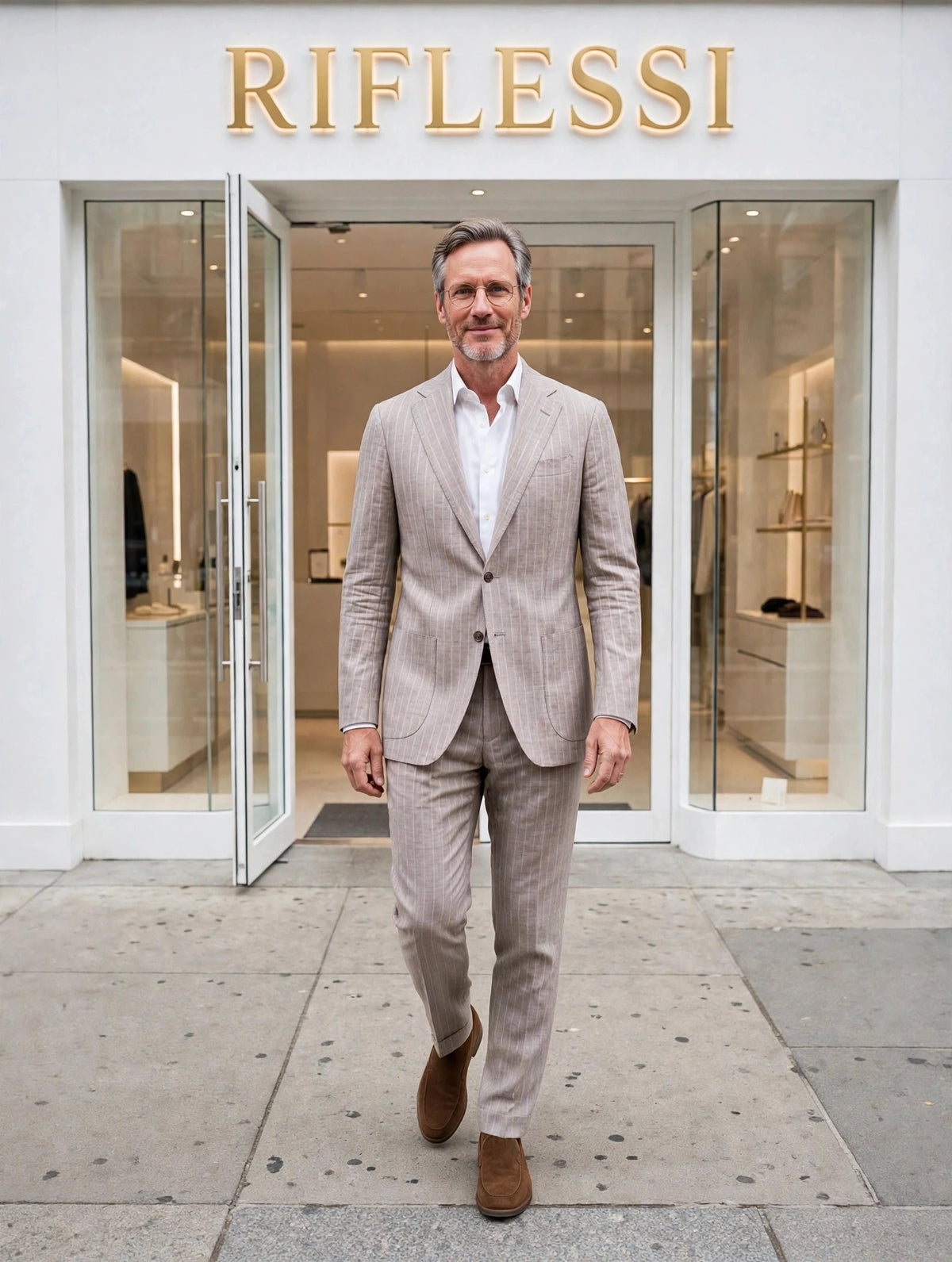 Sartorio suit on model, white shirt