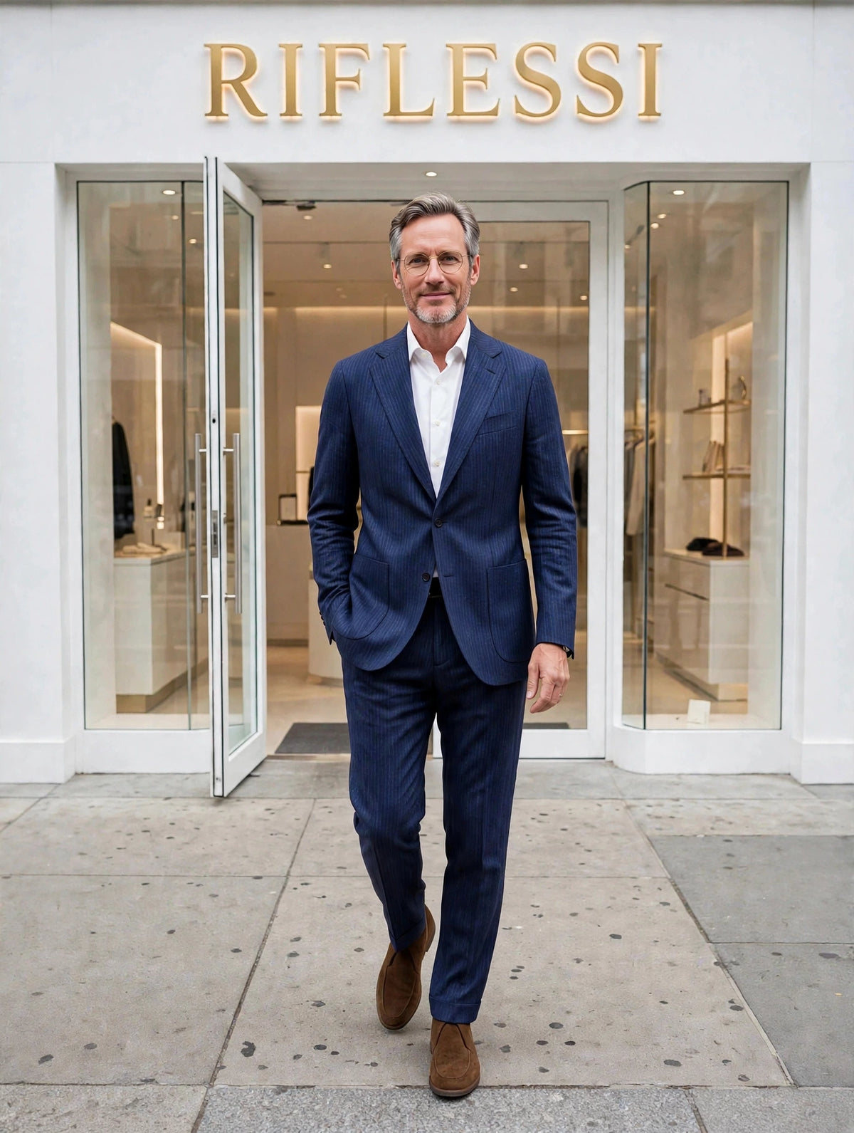 Sartorio suit on model, white shirt