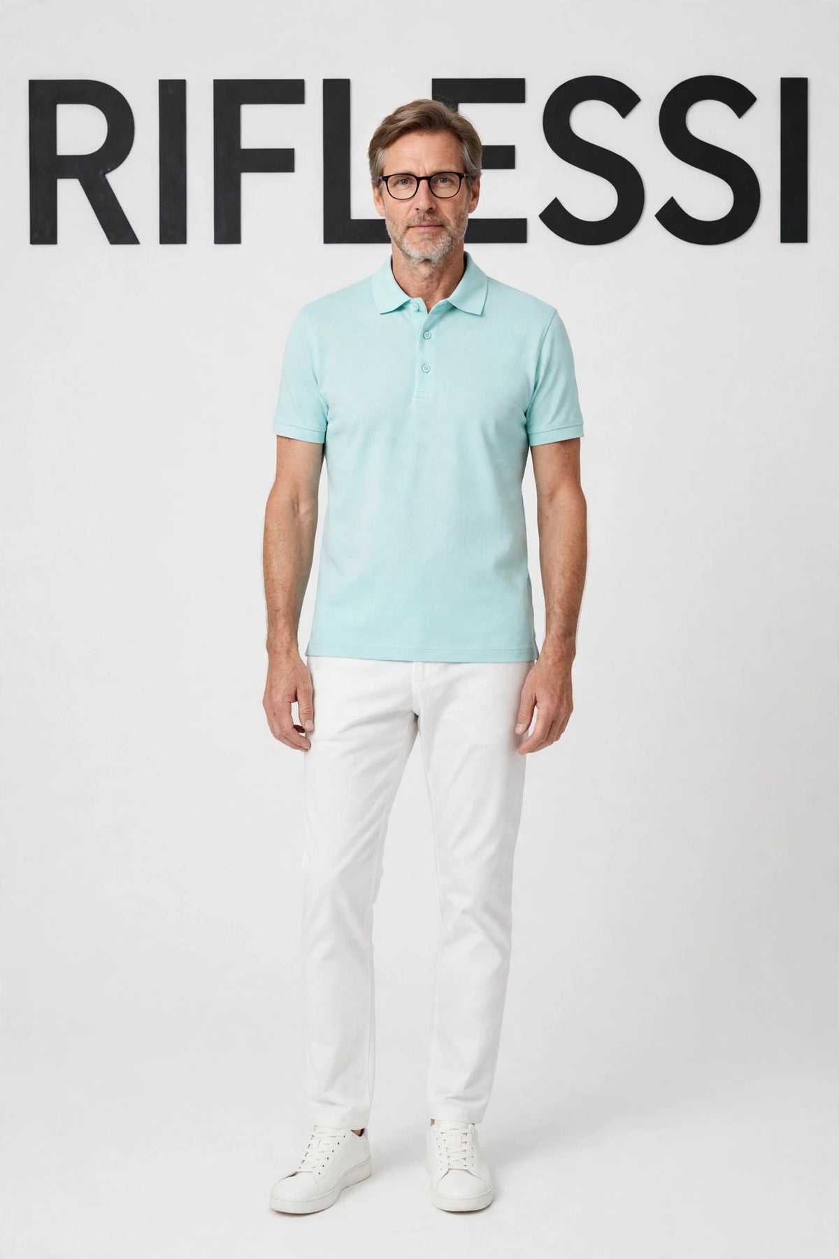 Kired POSI polo aqua on model, front