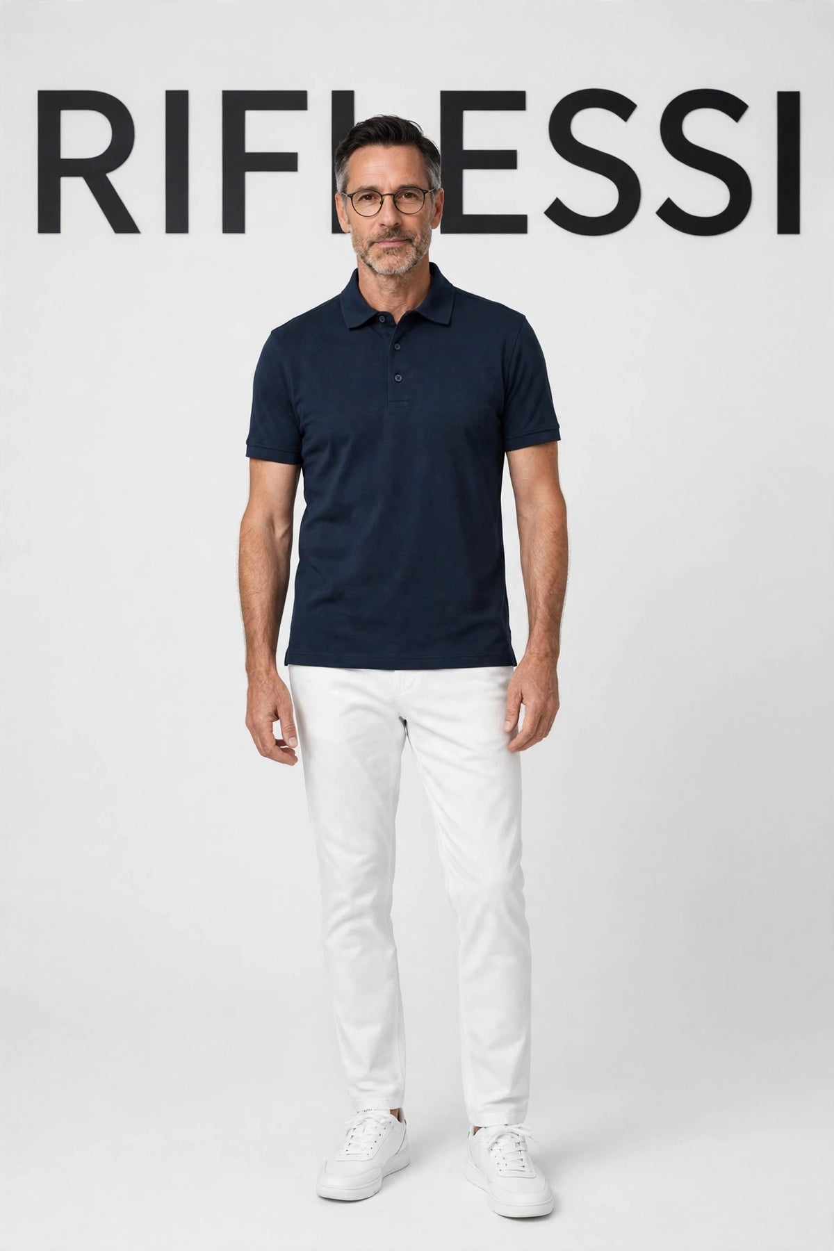 Kired POSI polo midnight blue on model, front