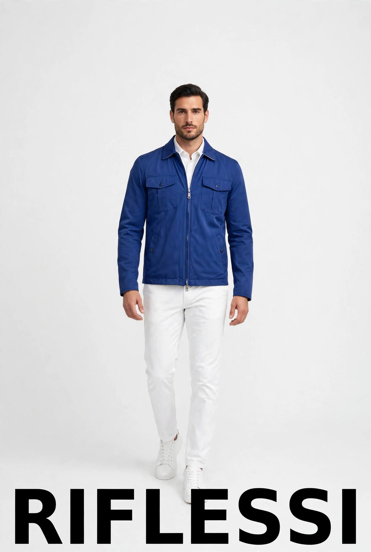Ritik Blue/White - blue side, model, Riflessi backdrop