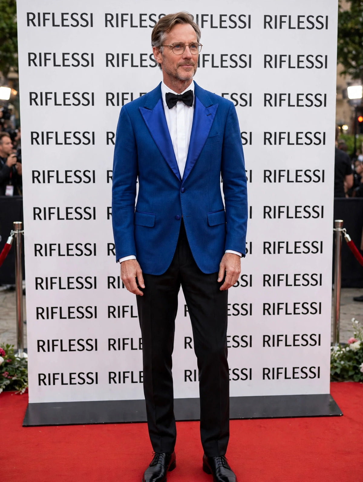 Sartorio royal blue cashmere tuxedo jacket on the model at the Riflessi wall