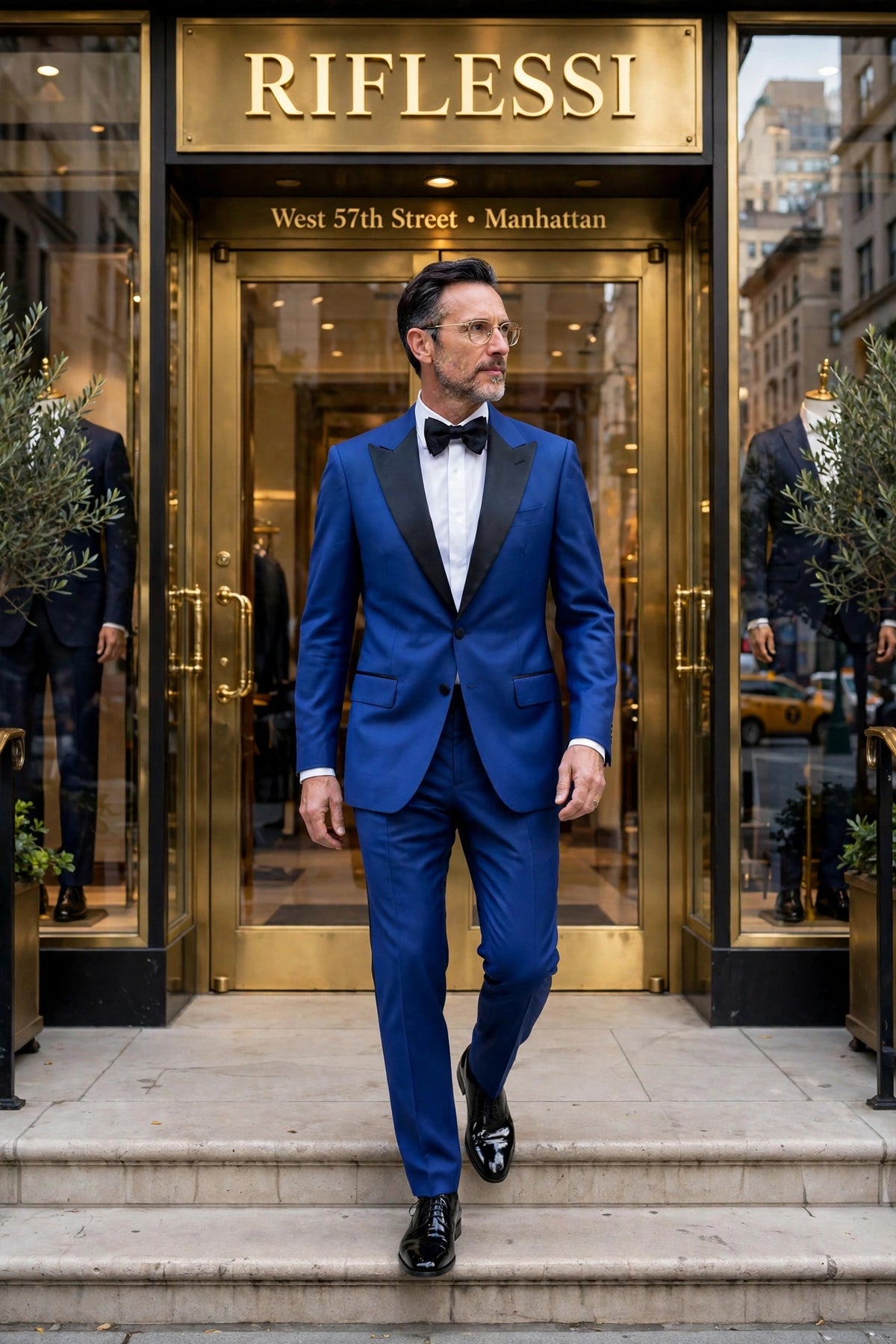 Royal blue wool tuxedo suit - model