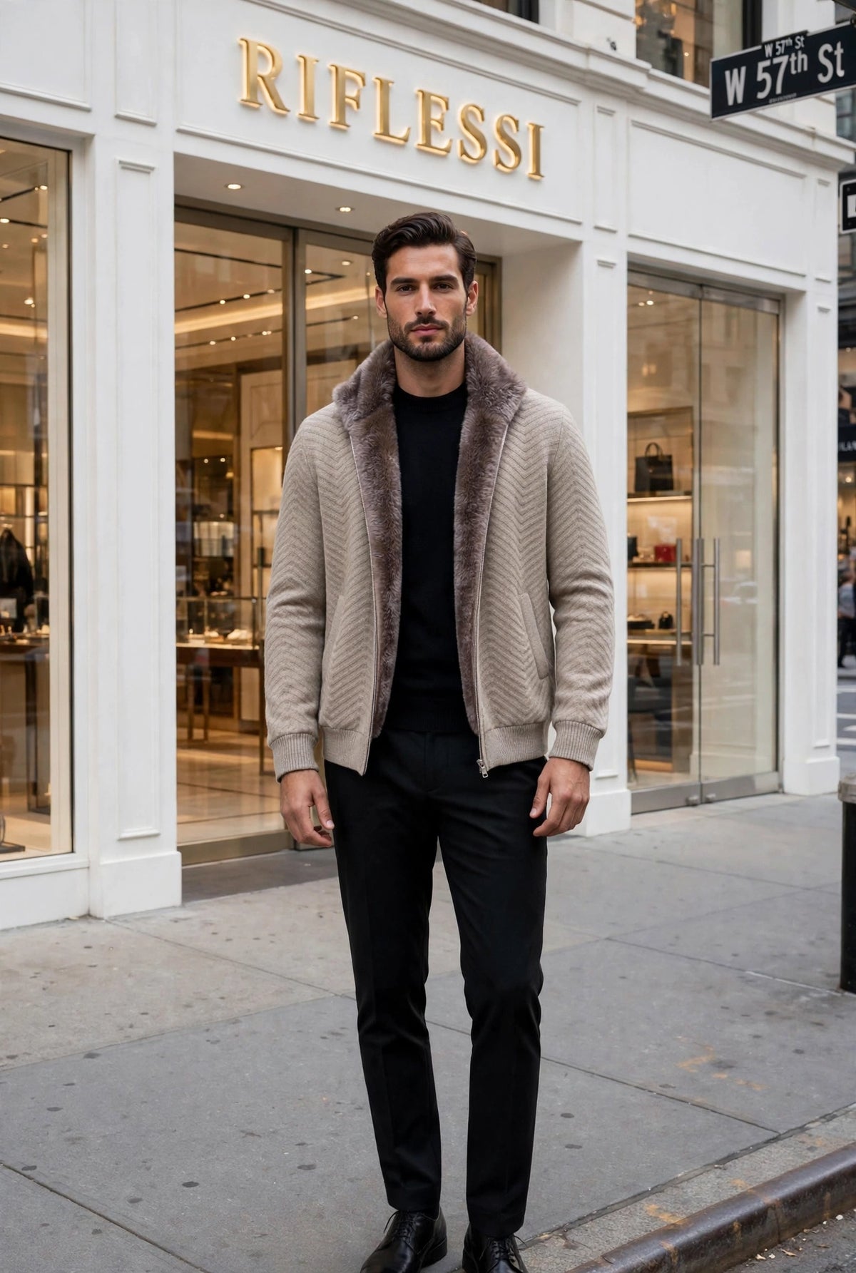 Sartorio Cashmere Blouson in Taupe worn open by the model in front of the Riflessi store