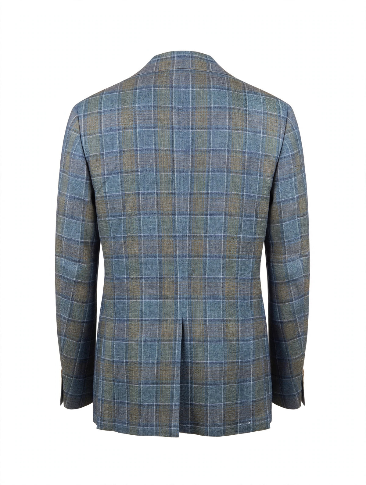 Sartorio blue plaid wool-silk-linen sport jacket, back with single center vent