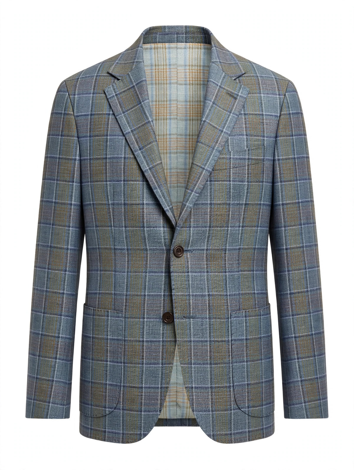 Sartorio blue plaid wool-silk-linen sport jacket, front with patch pockets