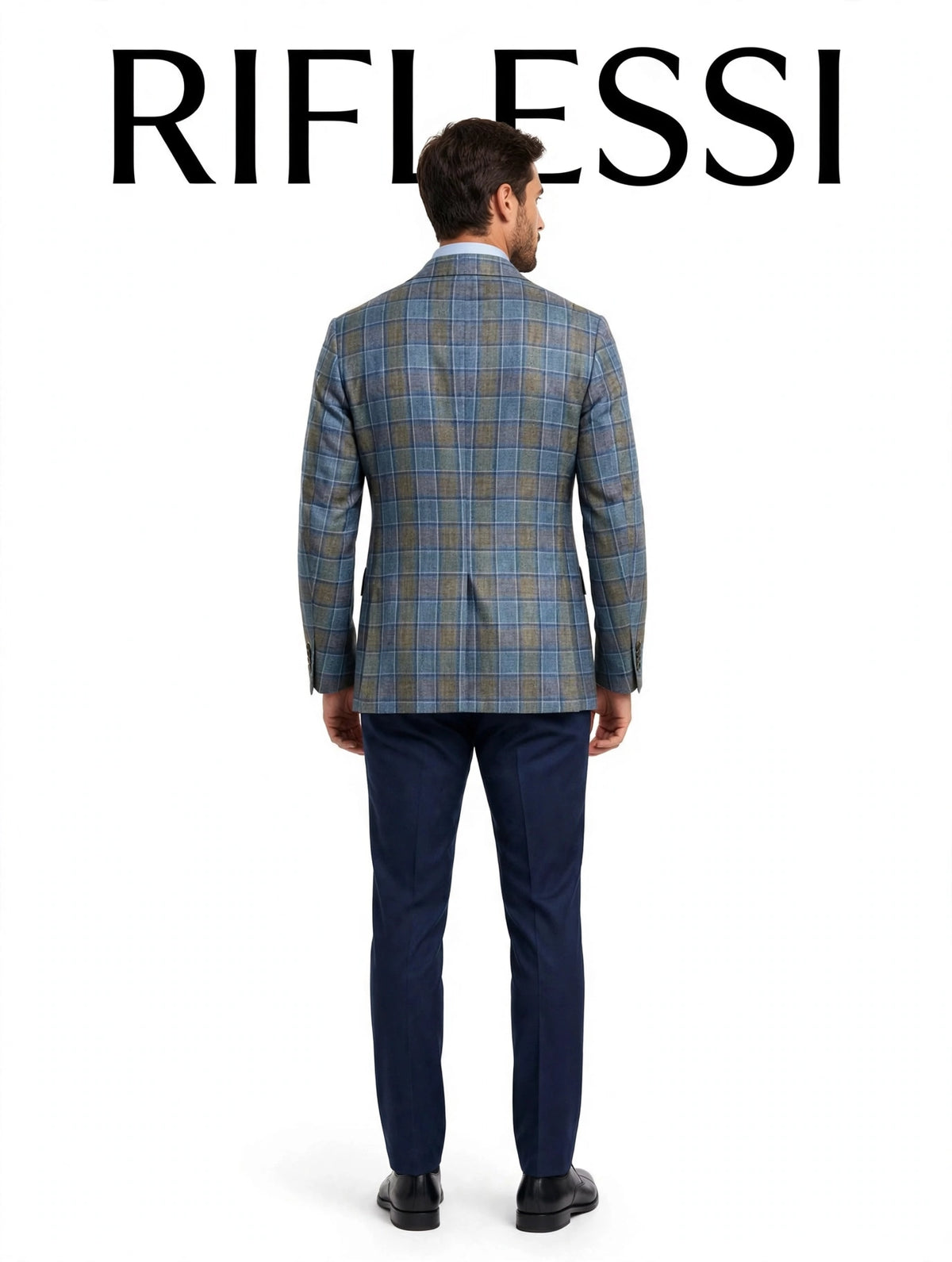 Sartorio blue plaid wool-silk-linen sport jacket worn by model, back