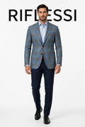 Sartorio blue plaid wool-silk-linen sport jacket worn by model, front