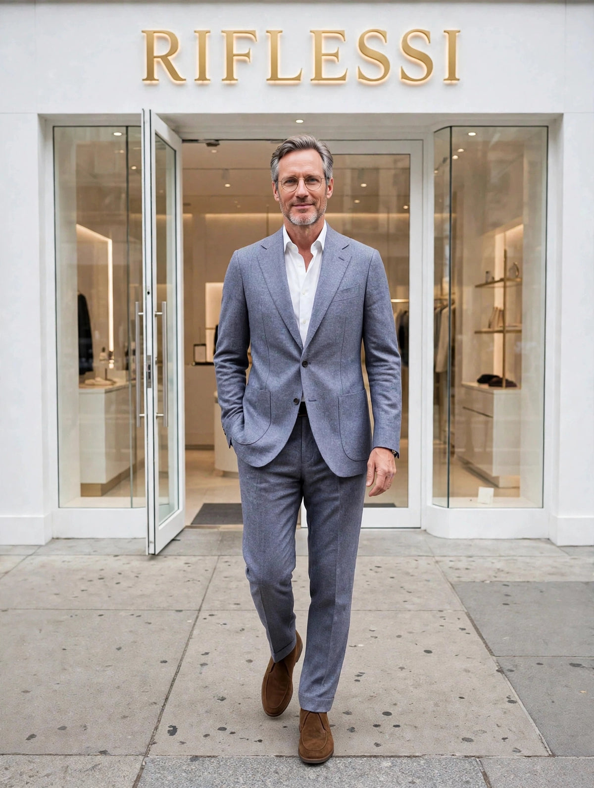 Sartorio suit on model, white shirt