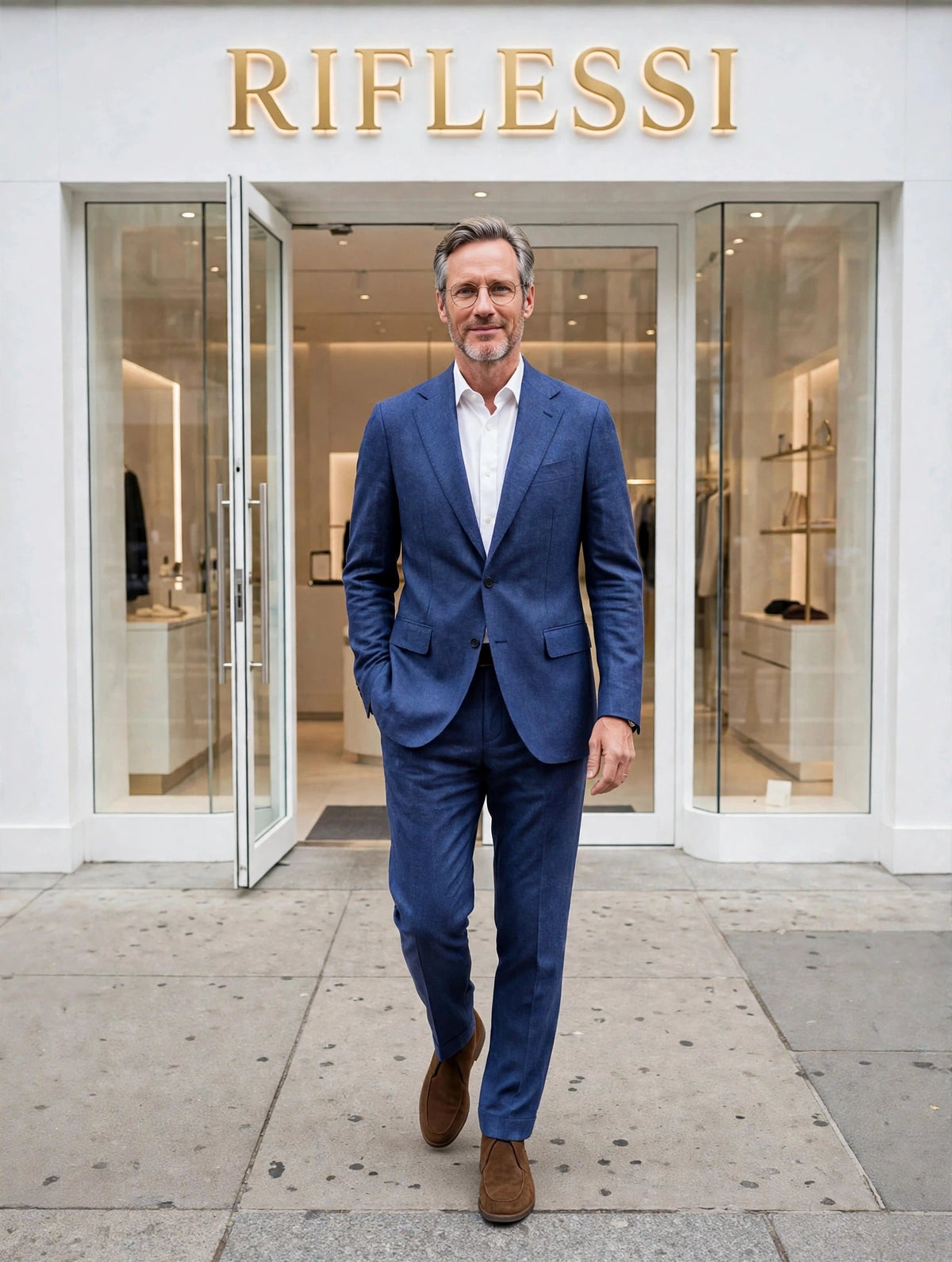 Sartorio suit on model, white shirt