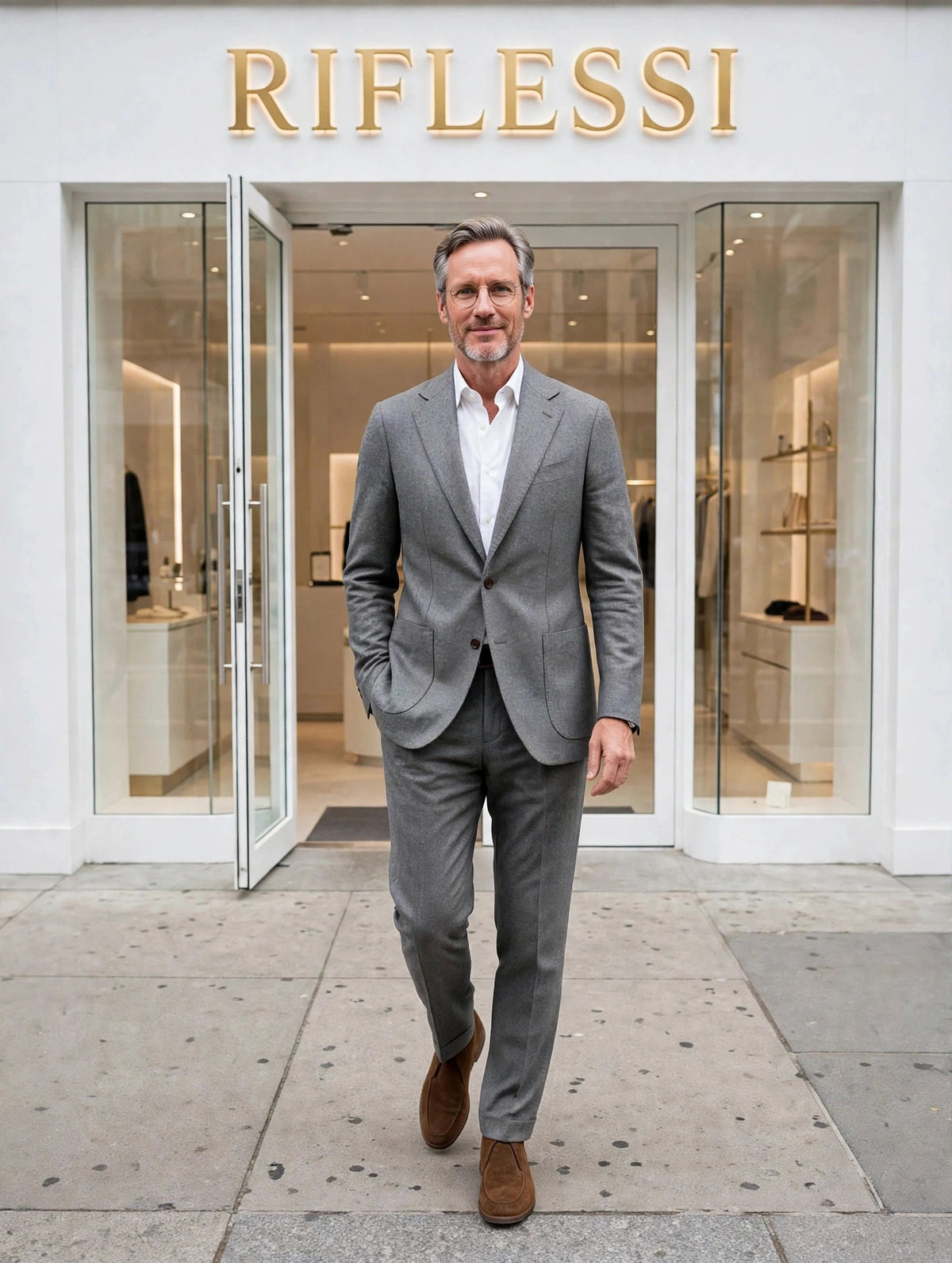 Sartorio suit on model, white shirt