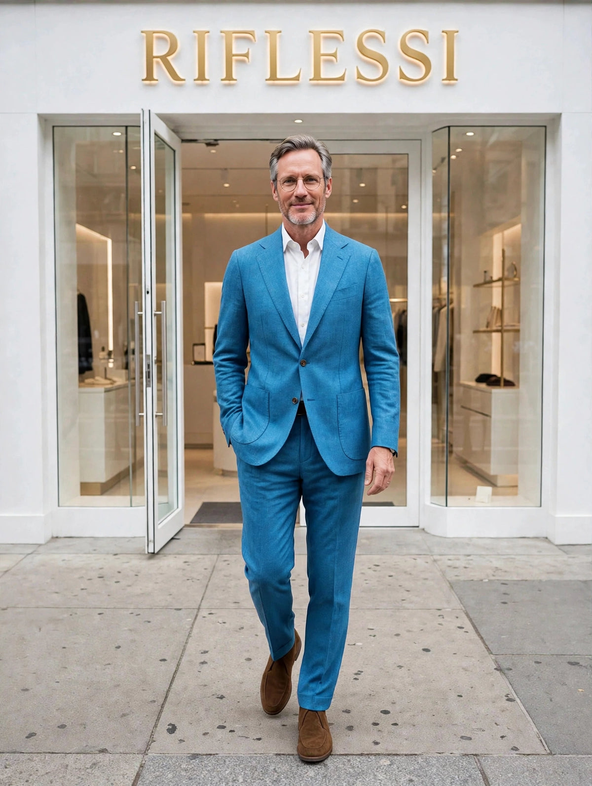 Sartorio suit on model, white shirt