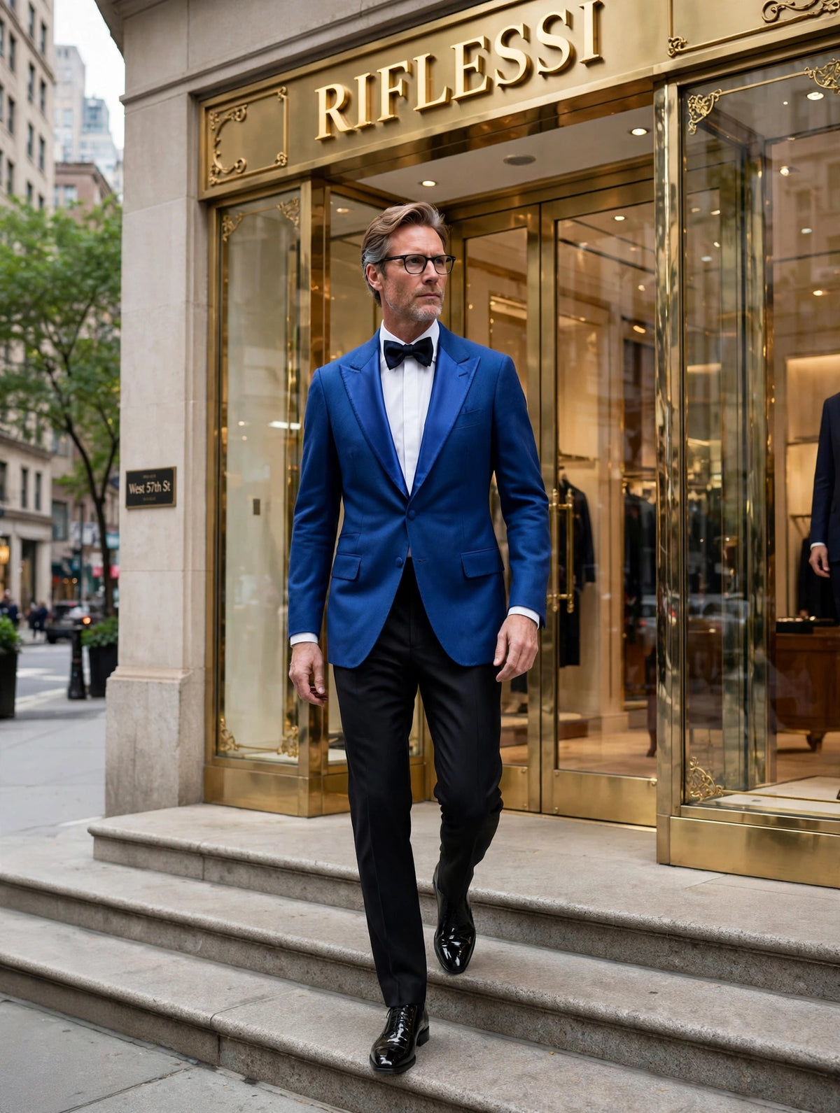 Sartorio royal blue cashmere tuxedo jacket on model, store entrance