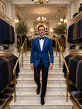 Sartorio royal blue cashmere tuxedo jacket on model, store stairs inside