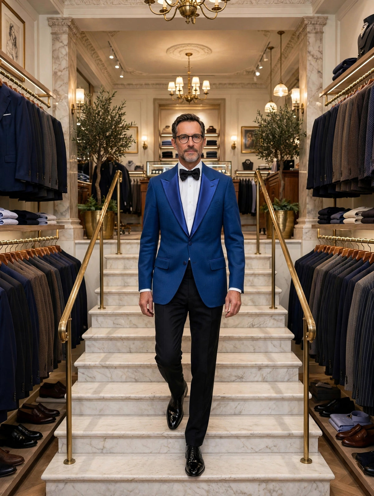 Sartorio royal blue cashmere tuxedo jacket on model, store stairs inside