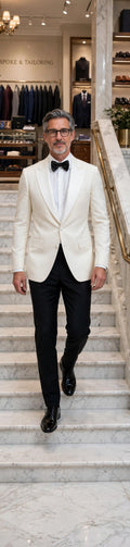White cashmere tuxedo jacket - model, stairs inside